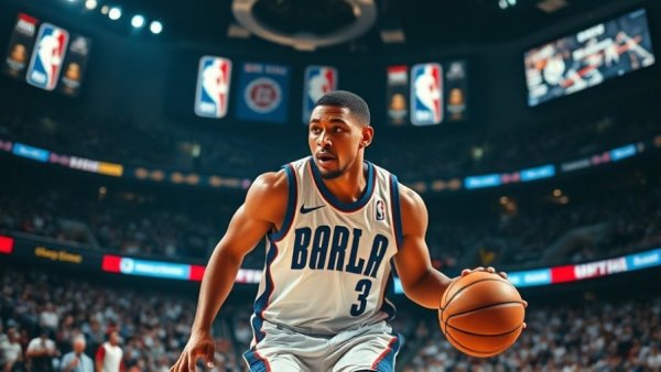 NBA player during game with team logos and recap text.