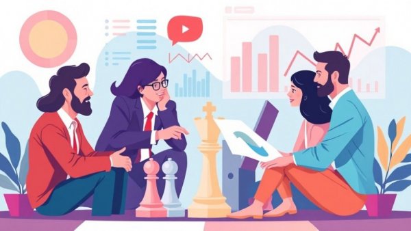 Modern illustration of team discussing business strategy and data analysis.