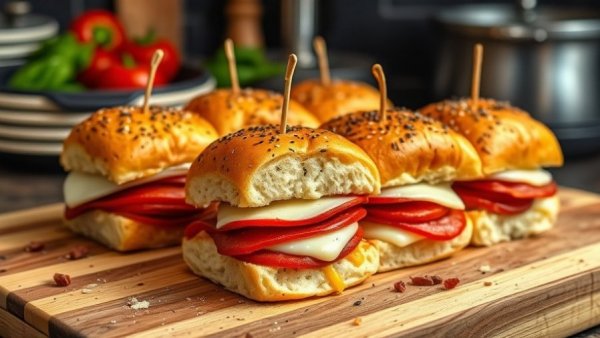 Delicious Baked Italian Sliders on a wooden board with vivid details.