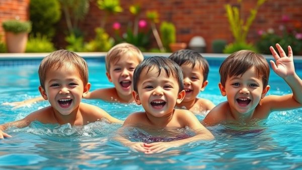 Family-friendly pool area in Wisconsin with happy kids swimming.