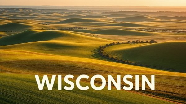 Rolling countryside in Wisconsin with text 'Portraits from Rural Wisconsin'.