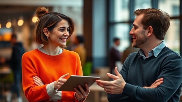 Engaged discussion between a man and woman on advertising campaigns.