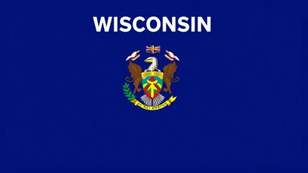 Wisconsin state flag emblem with deep blue background.
