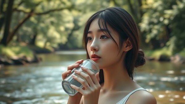 Young woman enjoying boxed water by a river in nature.