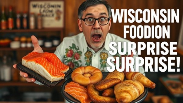 Man surprised by smoked salmon, pastry showcasing Wisconsin food traditions.