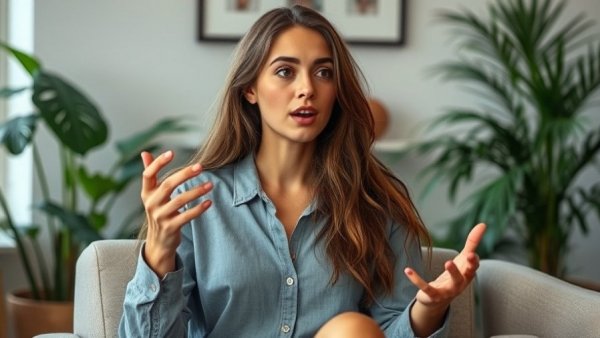 Young woman discussing points in an indoor setting with polished vs. raw reel concept.
