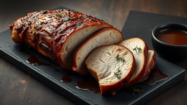 Juicy glazed roasted pork loin slices on slate board with gravy.