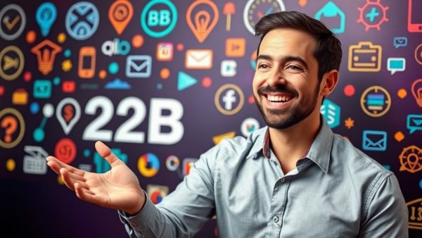 Smiling man showcasing digital marketing icons for website traffic generation strategies.