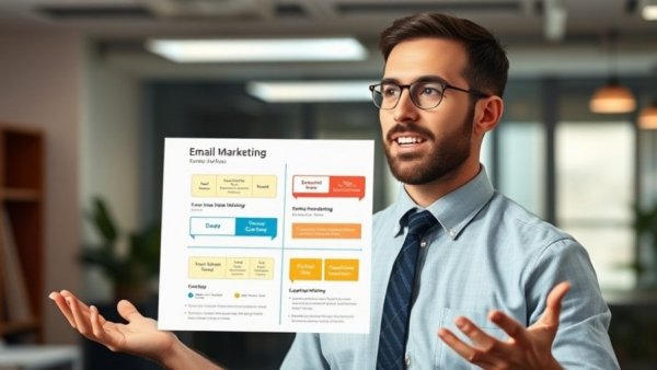 Presenter discussing email marketing automation essentials with flowcharts.
