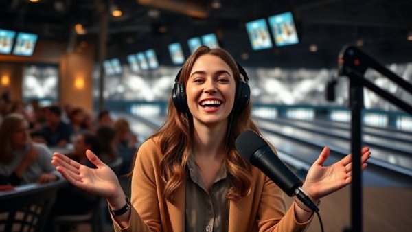 Young woman podcasting with vintage bowling alley background