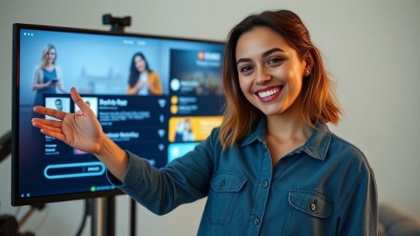 Woman demonstrating digital content overlay; 32 Social Assets in 10 Minutes.