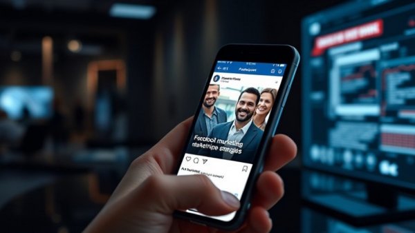 Smartphone displaying Facebook ad for marketing strategies.