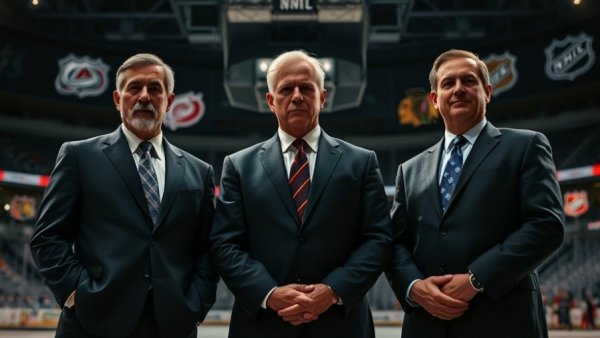 NHL coaching carousel featuring three coaches with team logos in the background.