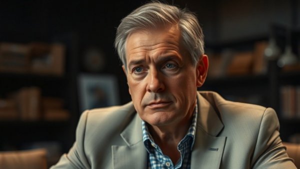 Middle-aged man in focus, indoor setting, cinematic photo.