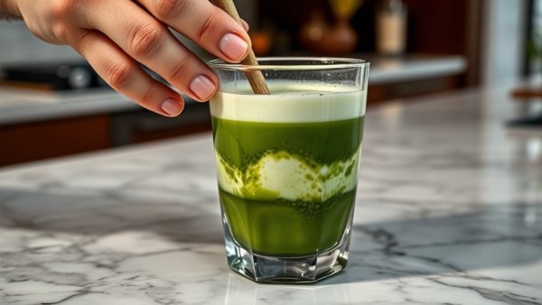 Hand stirring matcha drink with TikTok interface, tips on how to get more views on TikTok.
