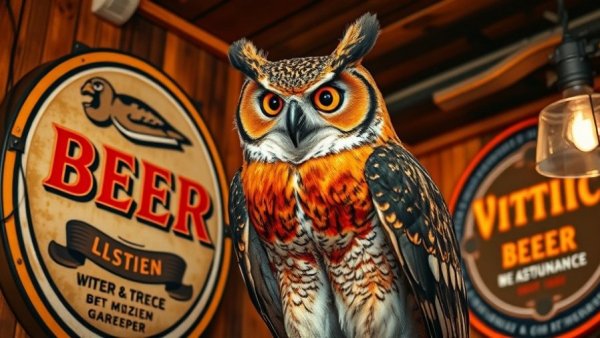 Wisconsin owl display and vintage beer sign in rustic setting.