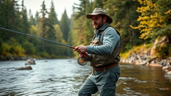 Wisconsin vacation: Person fly fishing in a scenic river setting.