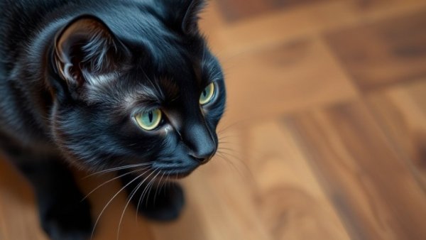 Black cat fascinated by freeze-dried pet food treat against wooden floor.