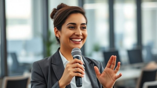 Engaged professional in video marketing presentation setting.