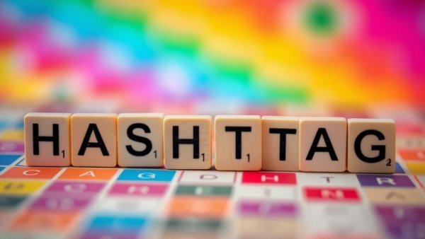 Close-up of Scrabble tiles spelling 'HASHTAG' on a Scrabble board.