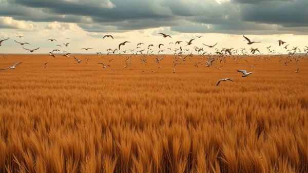Wisconsin outdoor activities in a vast field with birds flying