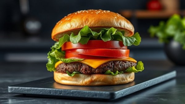Homemade Burger King Whopper Copycat on slate plate with fresh toppings.