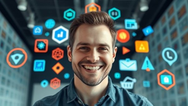 Man hosting AI search tutorial with colorful icons, SEO: website traffic generation strategies.