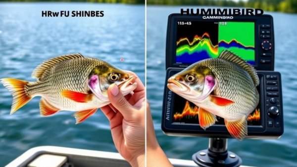Comparison of Garmin vs Humminbird forward facing sonar displays over a lake.