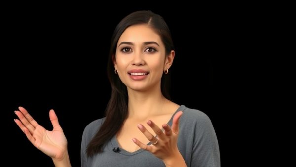 Young woman confidently presenting about online advertising.