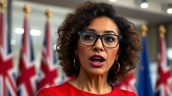 Woman speaking in a red dress, close-up newsroom.