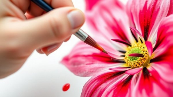Watercolor painting of a flower in progress with a brush in hand.