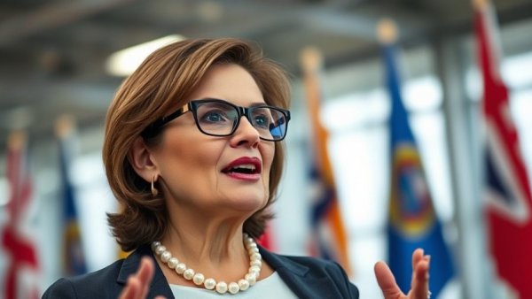 Confident woman speaking in front of flags indoors.