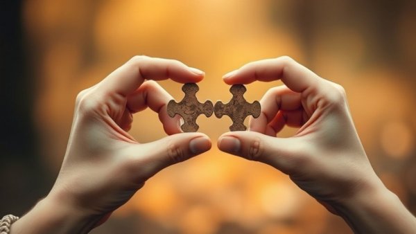 Hands holding connecting puzzle pieces with blurred background.