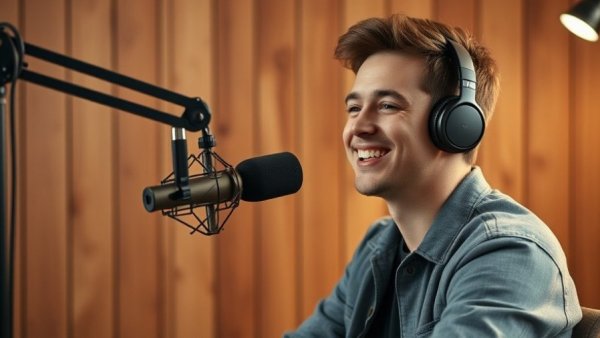 Podcast with smiling young man and band, Wisconsin travel theme