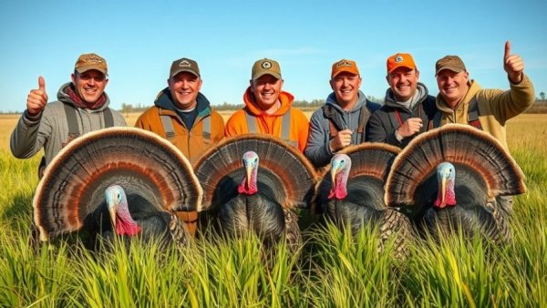 Wisconsin outdoor activities: Hunters with turkey trophies in a field.
