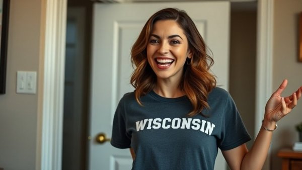 Woman in Wisconsin shirt, engaging indoors, Custom Itinerary in Janesville, Wisconsin.