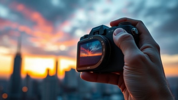 Close-up of handheld pocket camera with sunset cityscape in the background, YouTube Shopping.