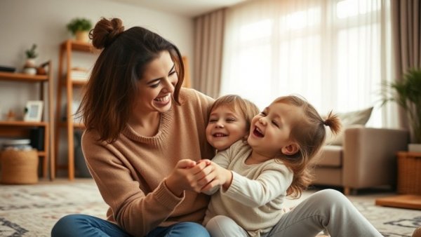 Joyful mother and daughter playing in cozy living room; best audio brands for busy moms.