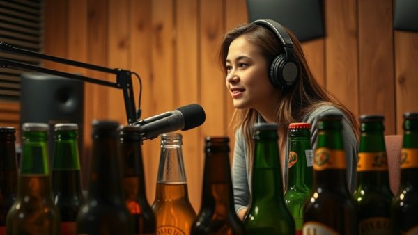 Woman podcasting about Wisconsin breweries with beer bottles.