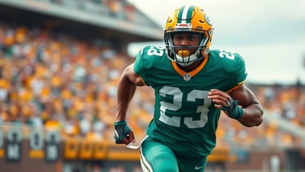 Wisconsin outdoor recreation with football player sprinting in stadium.