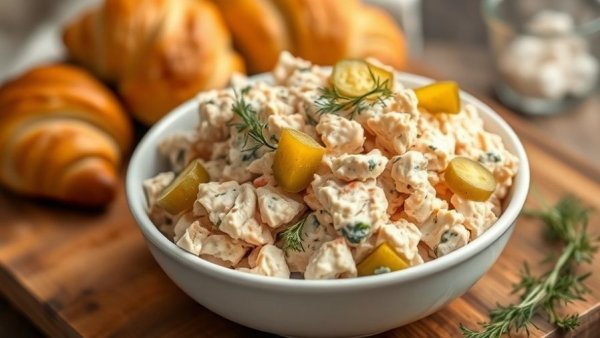 Dill pickle chicken salad with croissants, garnished with fresh dill.