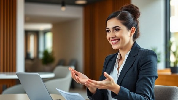 Young woman giving advice to boost athletes’ confidence in an office setting.