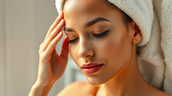 Woman practicing advanced skin repair treatments in Wisconsin bathroom.