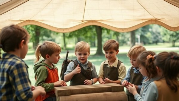 Children learning outdoor skills with a reenactor in Wisconsin.
