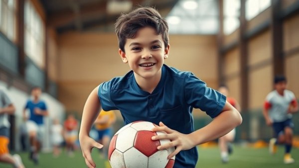 Junior Power Pack Clinic with boy running with a football indoors.