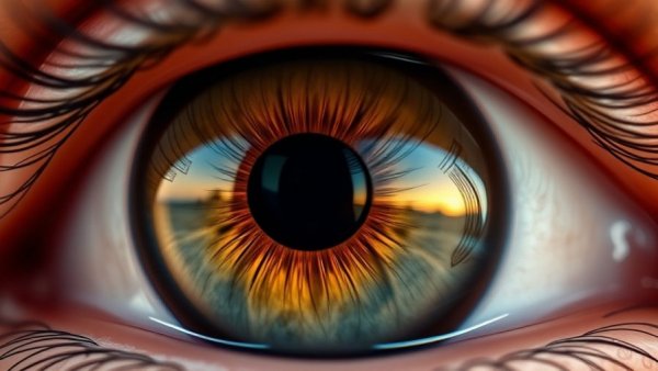 Macro view of a vibrant eye reflecting an outdoor scene