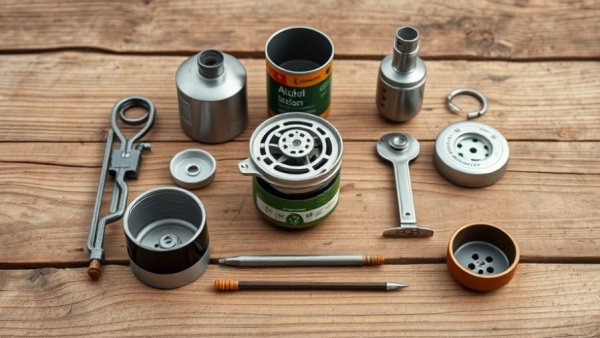 Lightweight alcohol stove kit components for paddling organized on wood