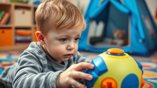 Young child enjoying educational play in a colorful room.