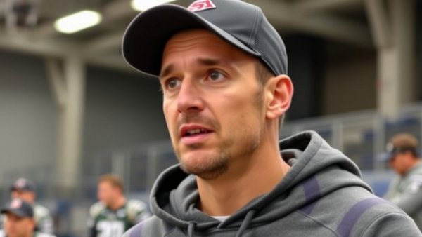 Man in sports cap at indoor press conference