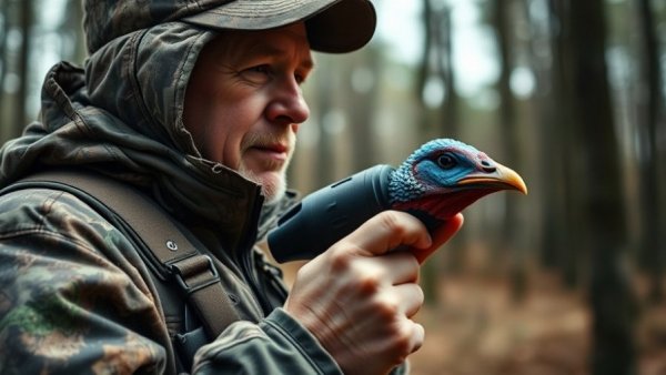 Hunter using turkey call during Wisconsin spring wild turkey season, forest setting.